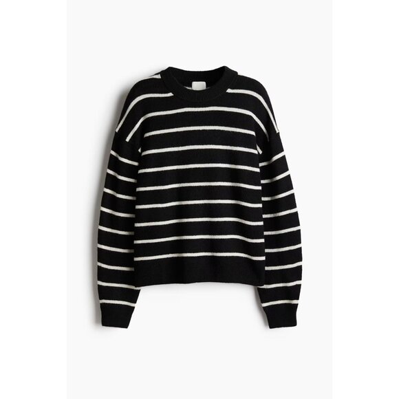 H&M Black Ivory Striped Cotton Chunky Rib Knit Crew Neck Loose Sweater, Size S - Picture 3 of 14